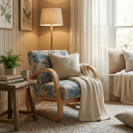 Modern Bentwood Lounge Chair with Botanical Upholstery