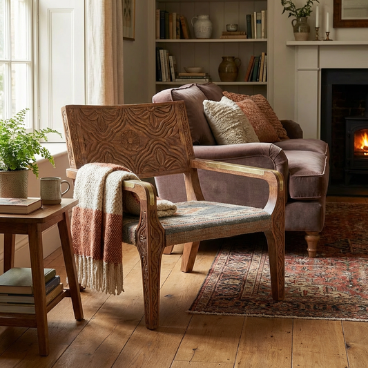 Hand-Carved Wooden Accent Chair with Brass Inlay & Striped Upholstered Seat