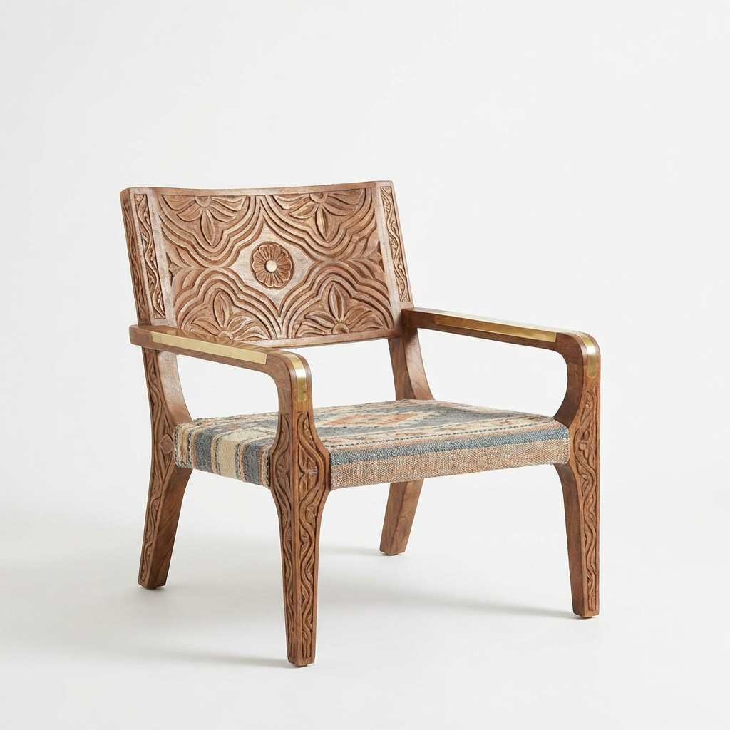 Hand-Carved Wooden Accent Chair with Brass Inlay & Striped Upholstered Seat