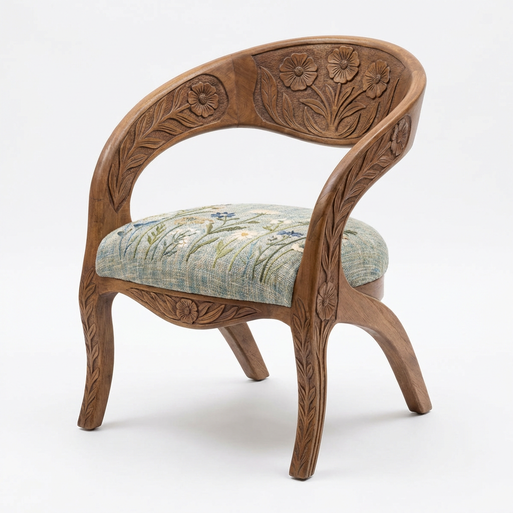 Hand-Carved Floral Wooden Barrel Accent Chair with Embroidered Cushion Seat