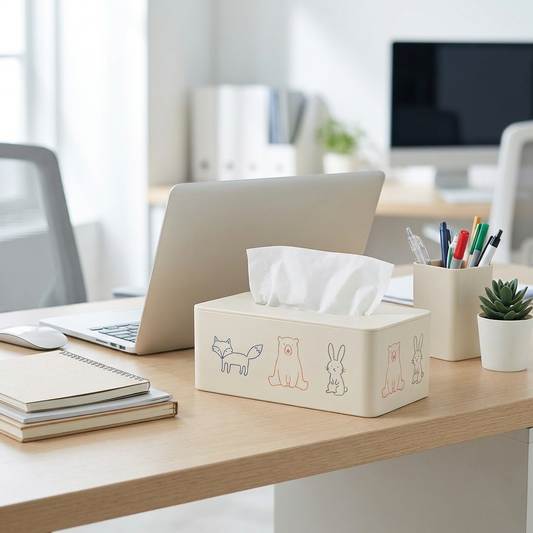 Cute Animal Print Tissue Box Cover — Cream (24×13×10cm)