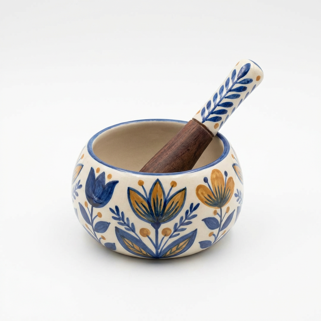 Hand-Painted Ceramic Garlic Grinder Bowl with Wooden Pestle — Blue & Yellow Floral (Ø10cm)