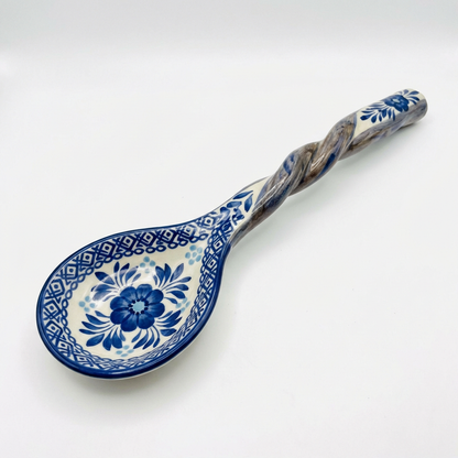 Hand-Painted Blue Floral Ceramic Spoon with Twisted Handle — Delft Style (L15cm)