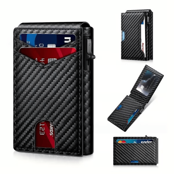 Premium Aluminum RFID Blocking Minimalist Wallet for Men - Pop-Up Card Access. Money Clip & ID Window