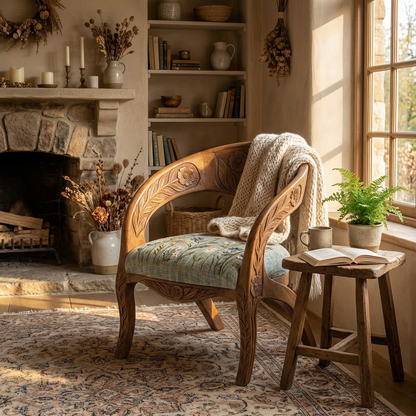Hand-Carved Floral Wooden Barrel Accent Chair with Embroidered Cushion Seat