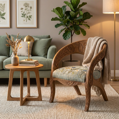 Hand-Carved Floral Wooden Barrel Accent Chair with Embroidered Cushion Seat