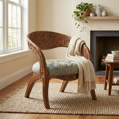 Hand-Carved Floral Wooden Barrel Accent Chair with Embroidered Cushion Seat