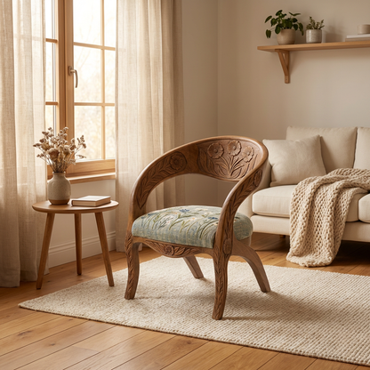 Hand-Carved Floral Wooden Barrel Accent Chair with Embroidered Cushion Seat