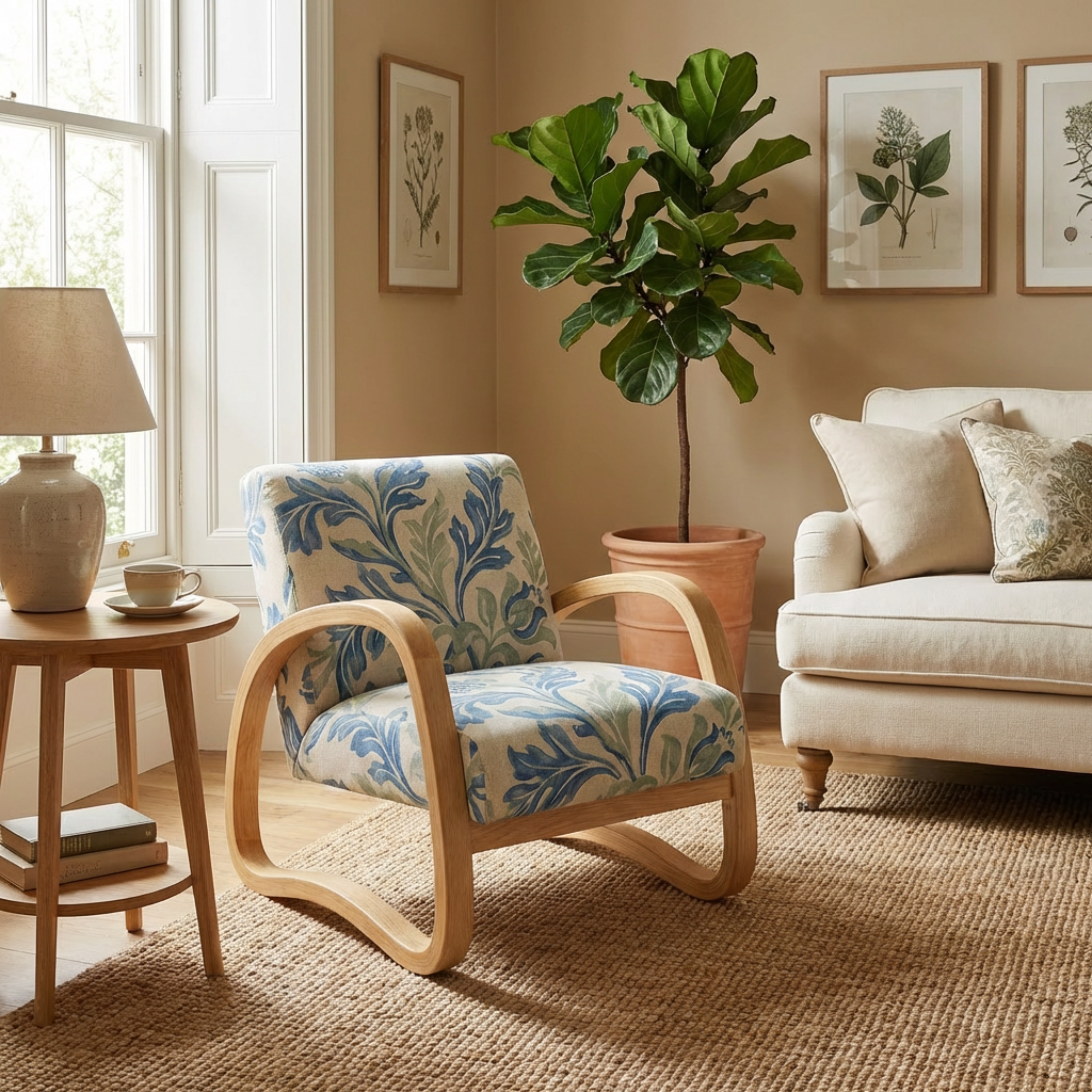 Modern Bentwood Lounge Chair with Botanical Upholstery