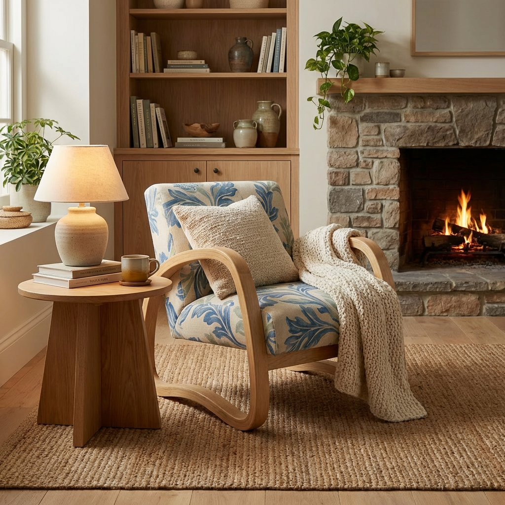 Modern Bentwood Lounge Chair with Botanical Upholstery