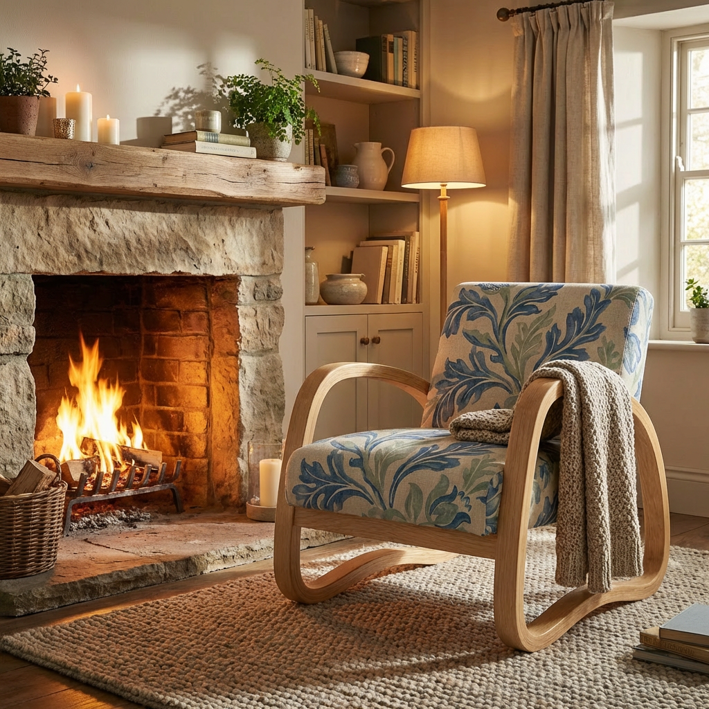 Modern Bentwood Lounge Chair with Botanical Upholstery