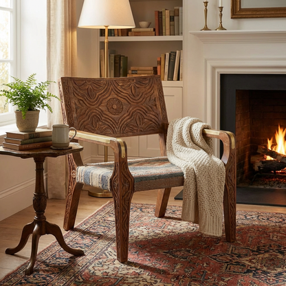 Hand-Carved Wooden Accent Chair with Brass Inlay & Striped Upholstered Seat