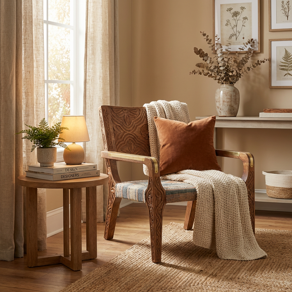 Hand-Carved Wooden Accent Chair with Brass Inlay & Striped Upholstered Seat