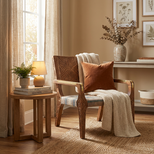 Hand-Carved Wooden Accent Chair with Brass Inlay & Striped Upholstered Seat
