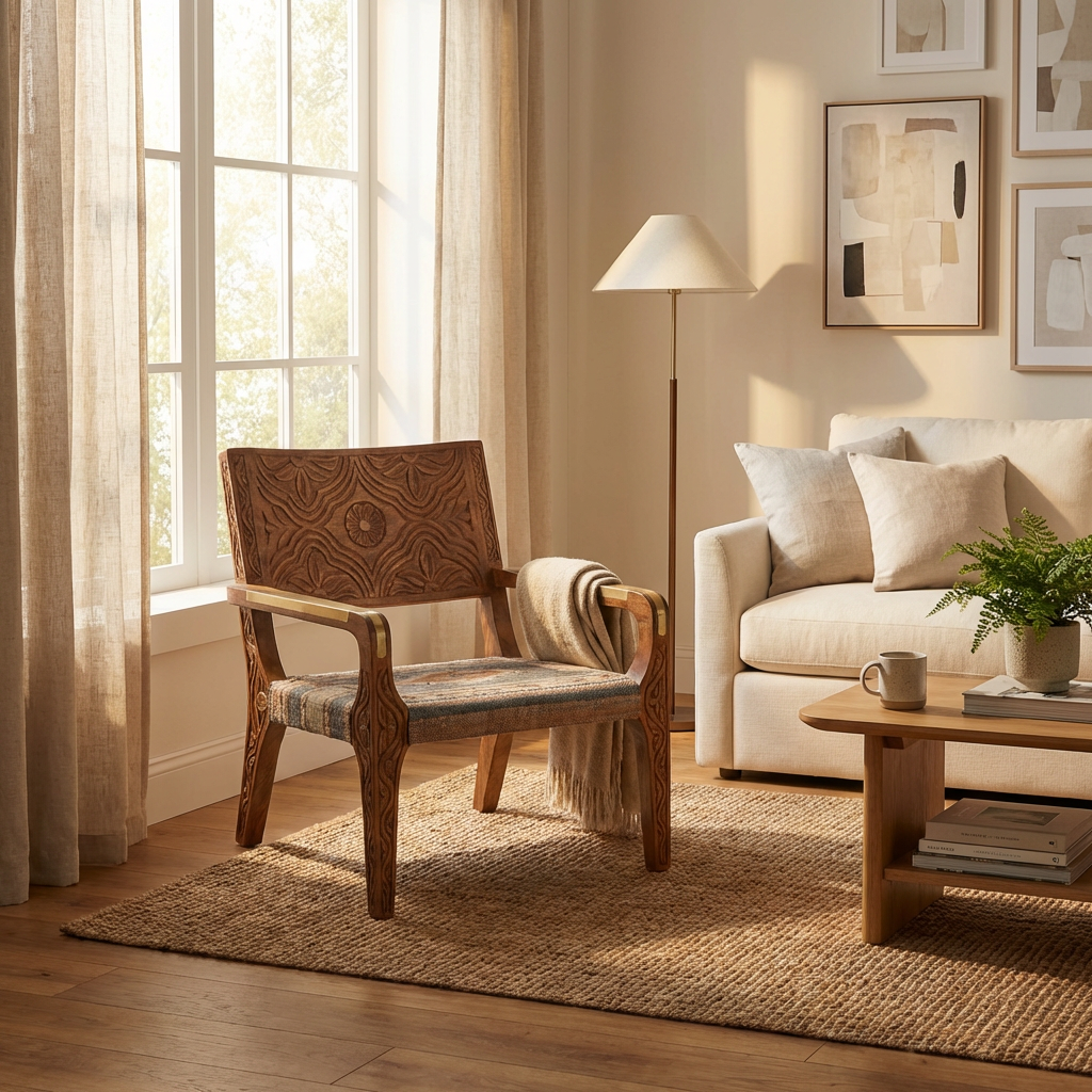 Hand-Carved Wooden Accent Chair with Brass Inlay & Striped Upholstered Seat