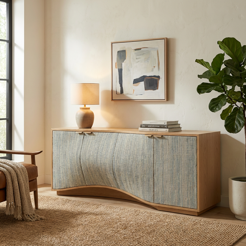 Modern Wood Credenza with Textured Doors – Wave Base Sideboard Cabinet