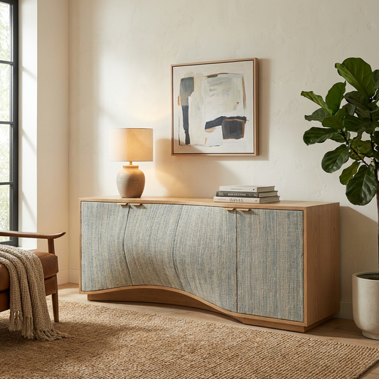 Modern Wood Credenza with Textured Doors – Wave Base Sideboard Cabinet