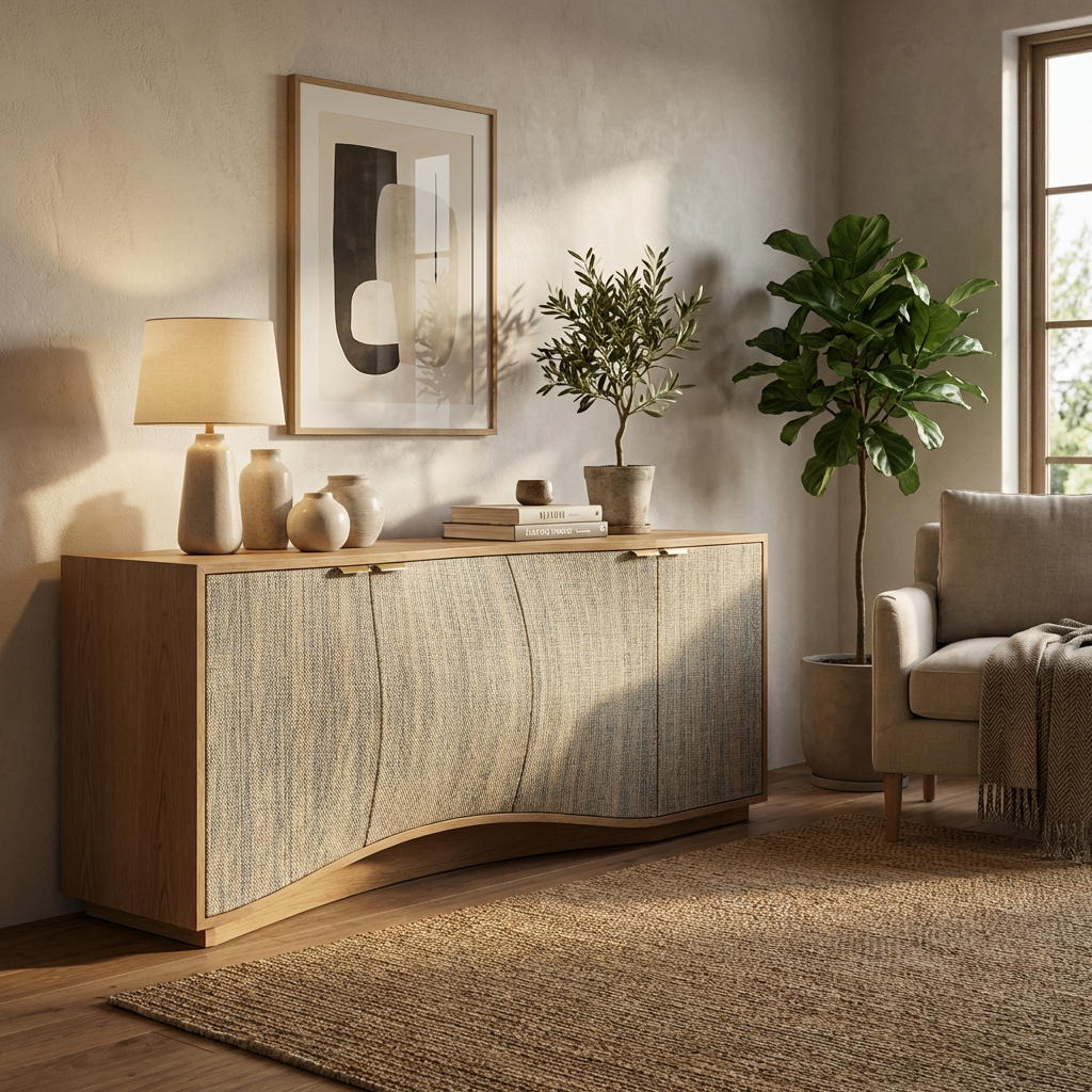 Modern Wood Credenza with Textured Doors – Wave Base Sideboard Cabinet