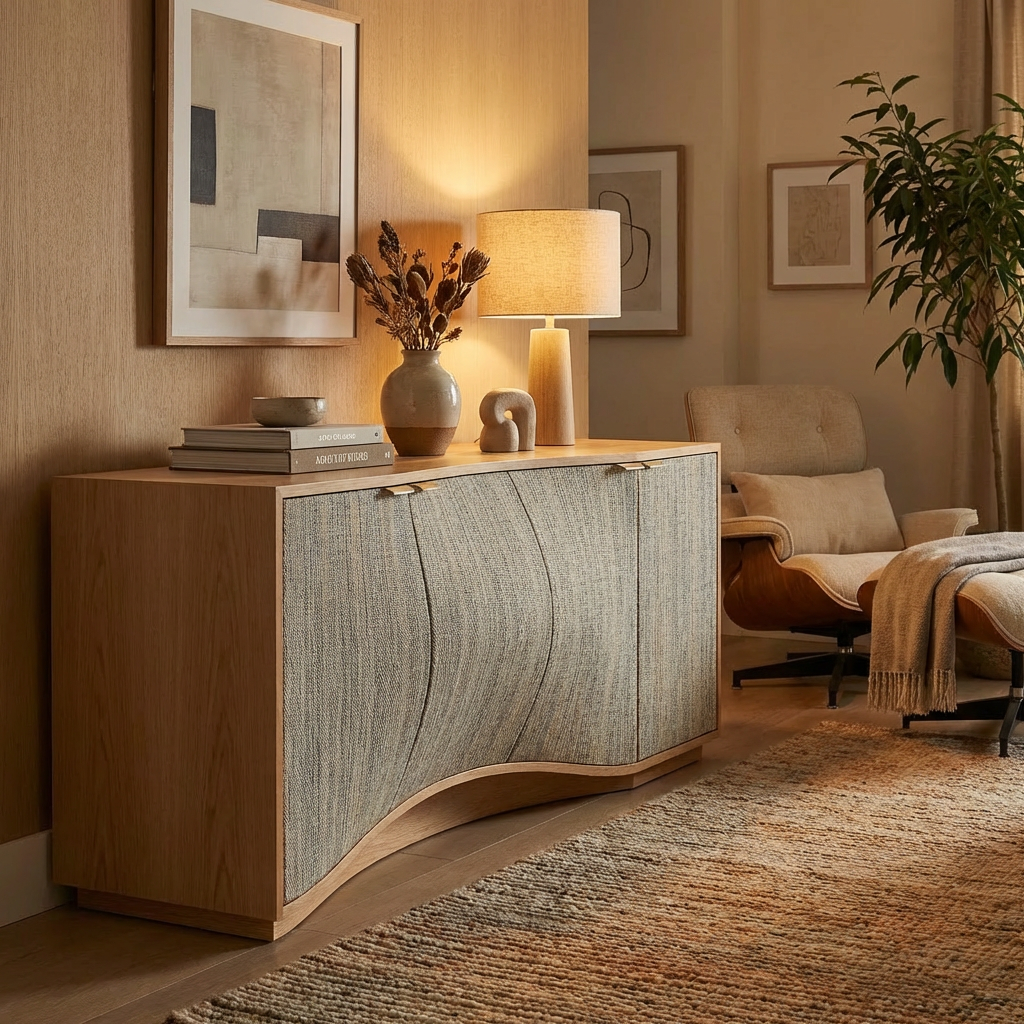 Modern Wood Credenza with Textured Doors – Wave Base Sideboard Cabinet