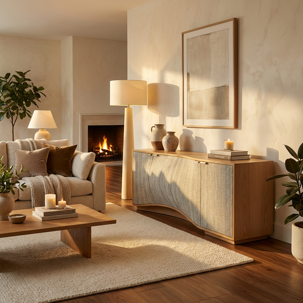 Modern Wood Credenza with Textured Doors – Wave Base Sideboard Cabinet