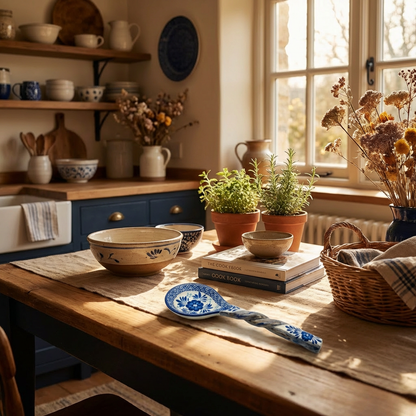 Hand-Painted Blue Floral Ceramic Spoon with Twisted Handle — Delft Style (L15cm)