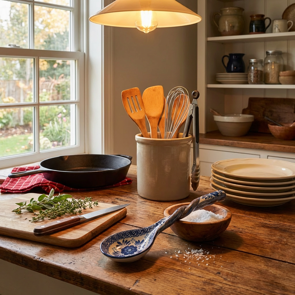 Hand-Painted Blue Floral Ceramic Spoon with Twisted Handle — Delft Style (L15cm)