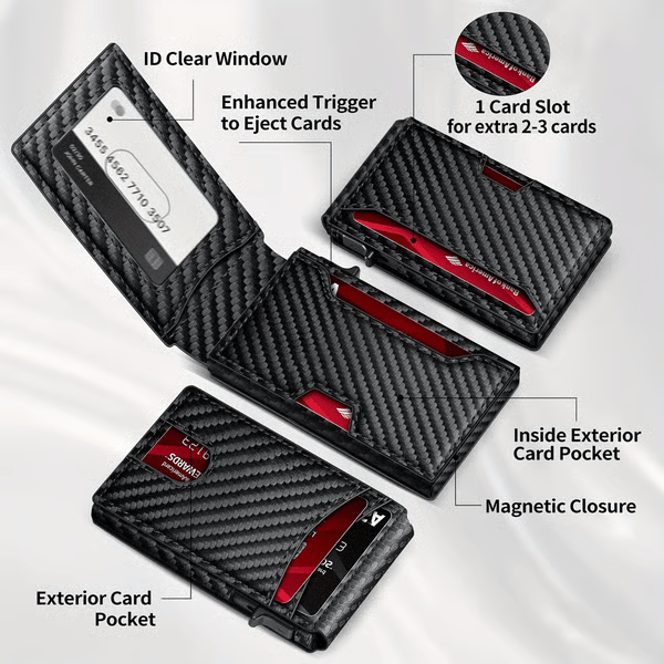 Premium Aluminum RFID Blocking Minimalist Wallet for Men - Pop-Up Card Access. Money Clip & ID Window