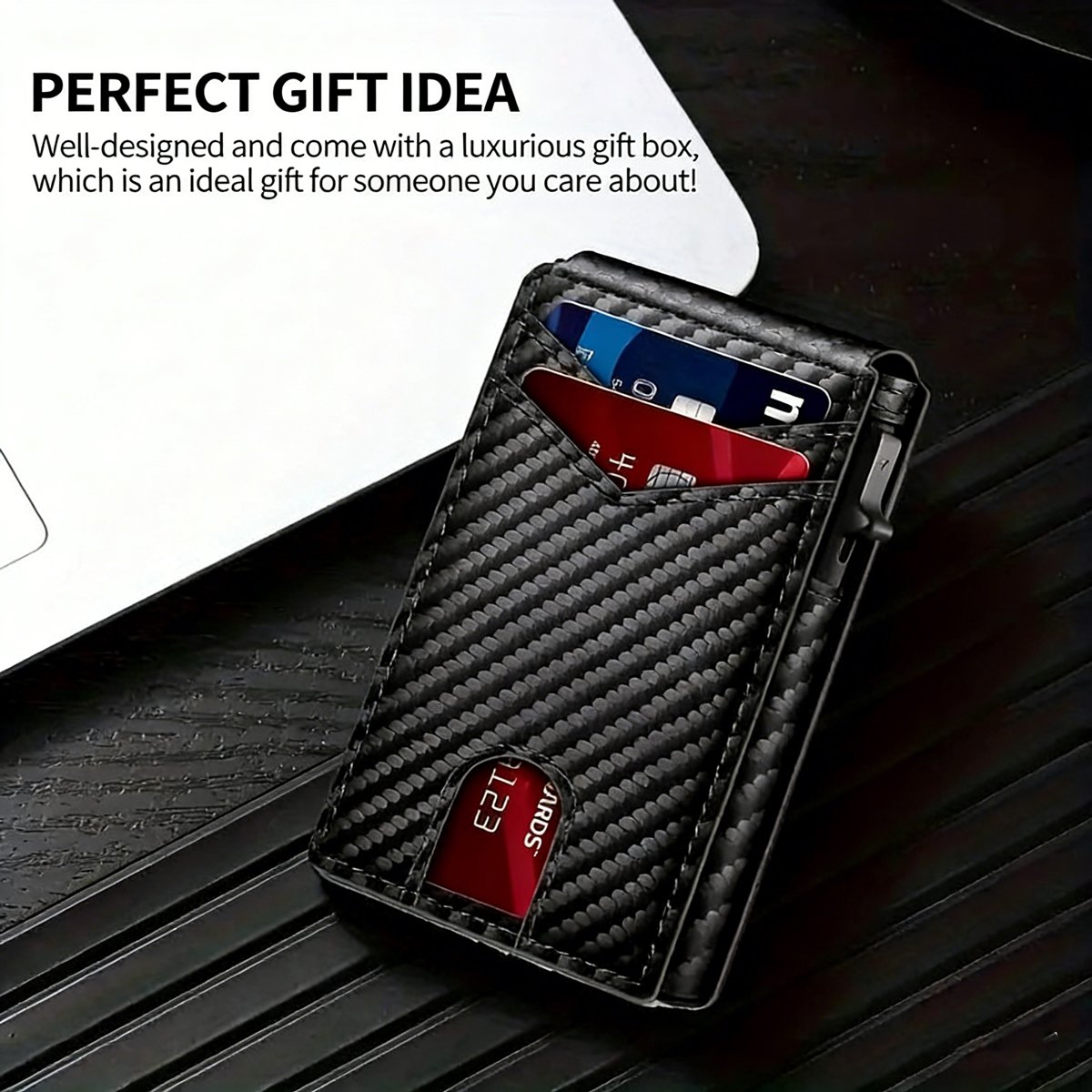 Premium Aluminum RFID Blocking Minimalist Wallet for Men - Pop-Up Card Access. Money Clip & ID Window