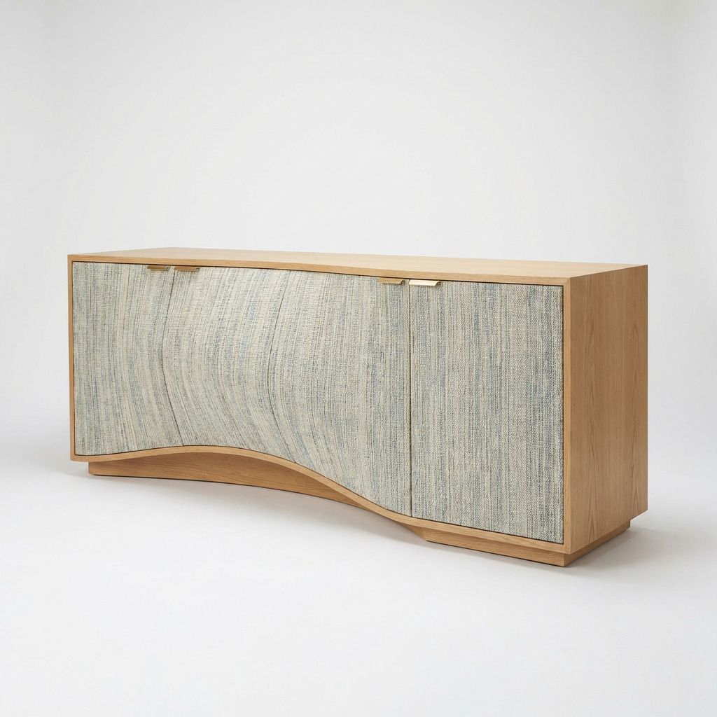 Modern Wood Credenza with Textured Doors – Wave Base Sideboard Cabinet