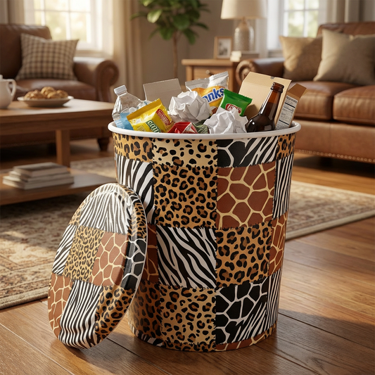 Animal Print Patchwork Waste Bin with Lid — 10L (H28cm)