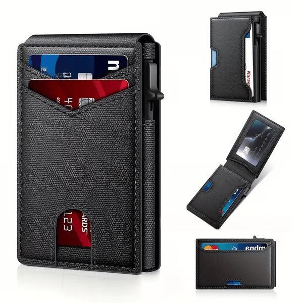 Premium Aluminum RFID Blocking Minimalist Wallet for Men - Pop-Up Card Access. Money Clip & ID Window