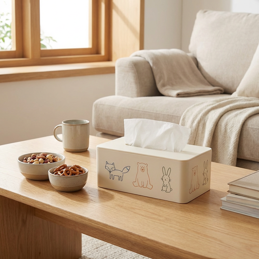 Cute Animal Print Tissue Box Cover — Cream (24×13×10cm)