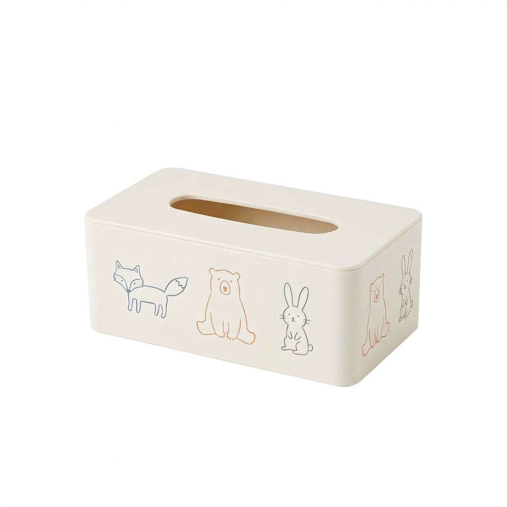 Cute Animal Print Tissue Box Cover — Cream (24×13×10cm)