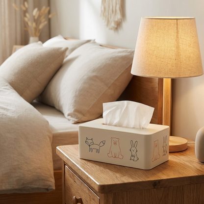 Cute Animal Print Tissue Box Cover — Cream (24×13×10cm)