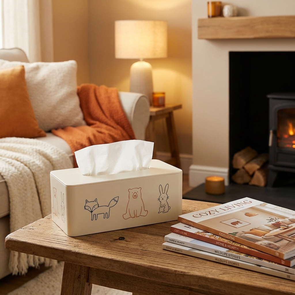 Cute Animal Print Tissue Box Cover — Cream (24×13×10cm)