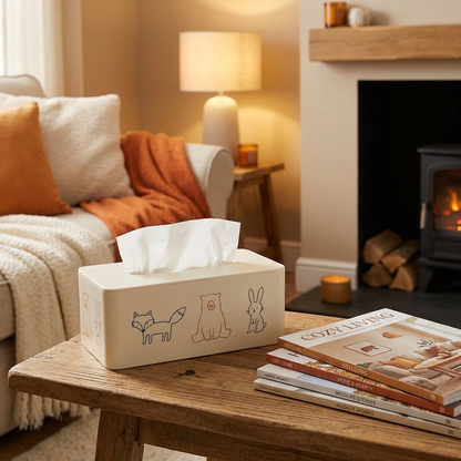 Cute Animal Print Tissue Box Cover — Cream (24×13×10cm)