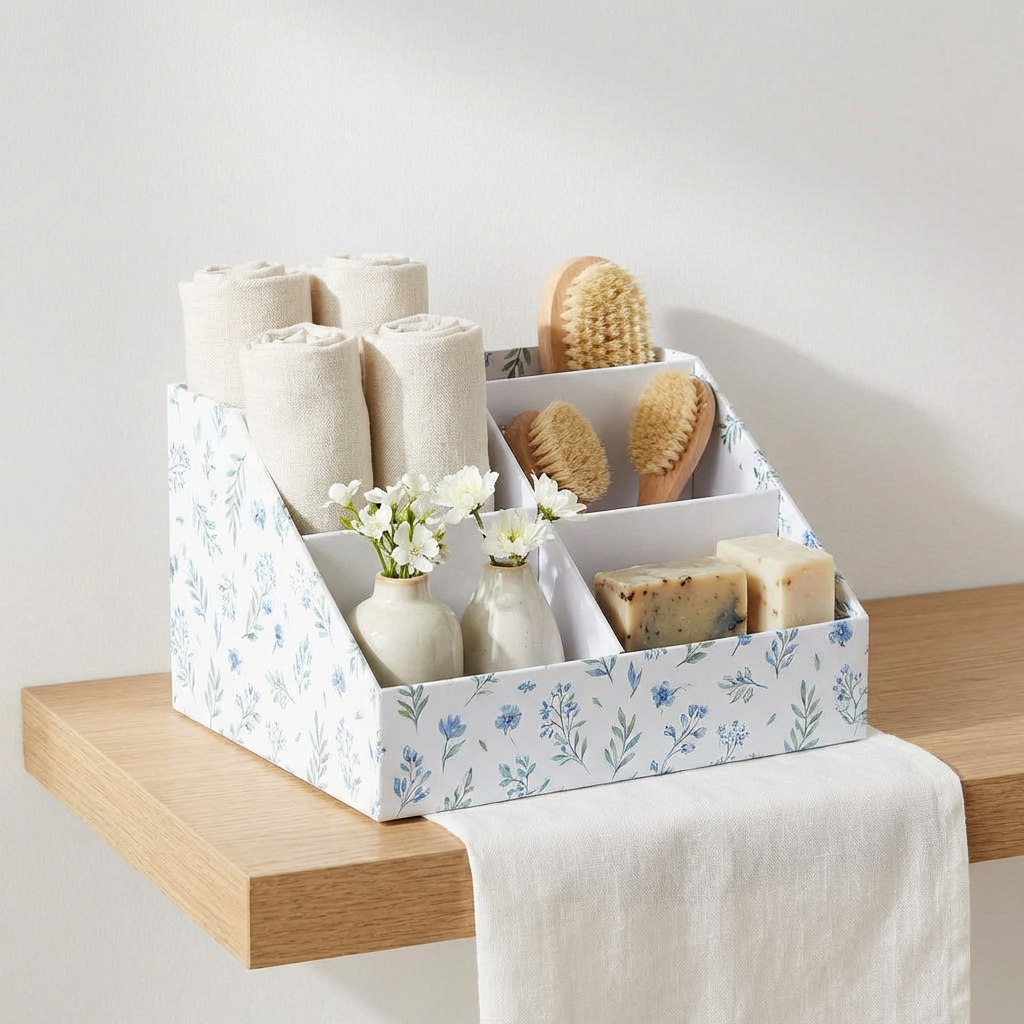 Floral Desk Organizer Caddy with 5 Compartments — Blue Wildflower (20×15×12cm)