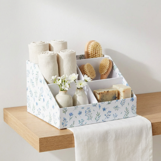 Floral Desk Organizer Caddy with 5 Compartments — Blue Wildflower (20×15×12cm)