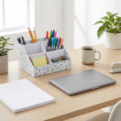 Floral Desk Organizer Caddy with 5 Compartments — Blue Wildflower (20×15×12cm)