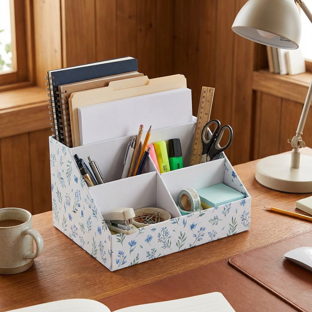 Floral Desk Organizer Caddy with 5 Compartments — Blue Wildflower (20×15×12cm)