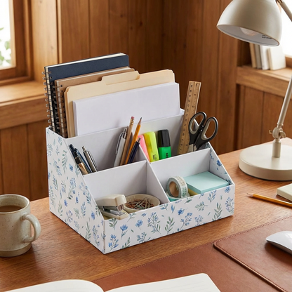 Floral Desk Organizer Caddy with 5 Compartments — Blue Wildflower (20×15×12cm)