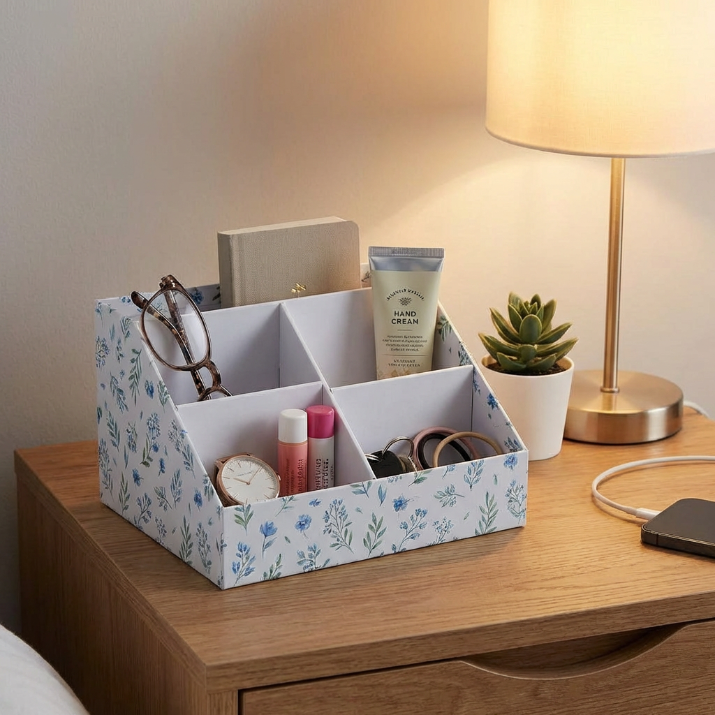 Floral Desk Organizer Caddy with 5 Compartments — Blue Wildflower (20×15×12cm)