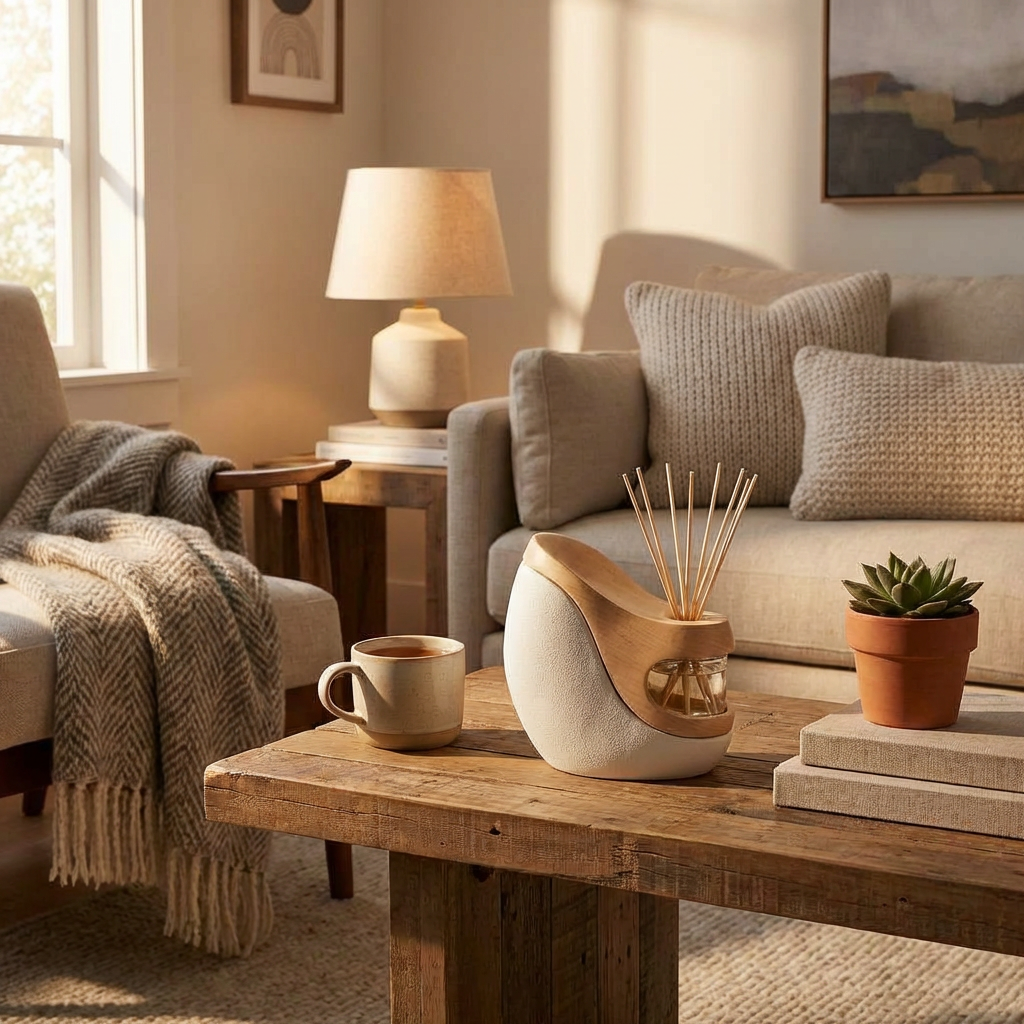 Modern Ceramic & Wood Reed Diffuser Set — Minimalist Oil Diffuser (150ml, H16cm)