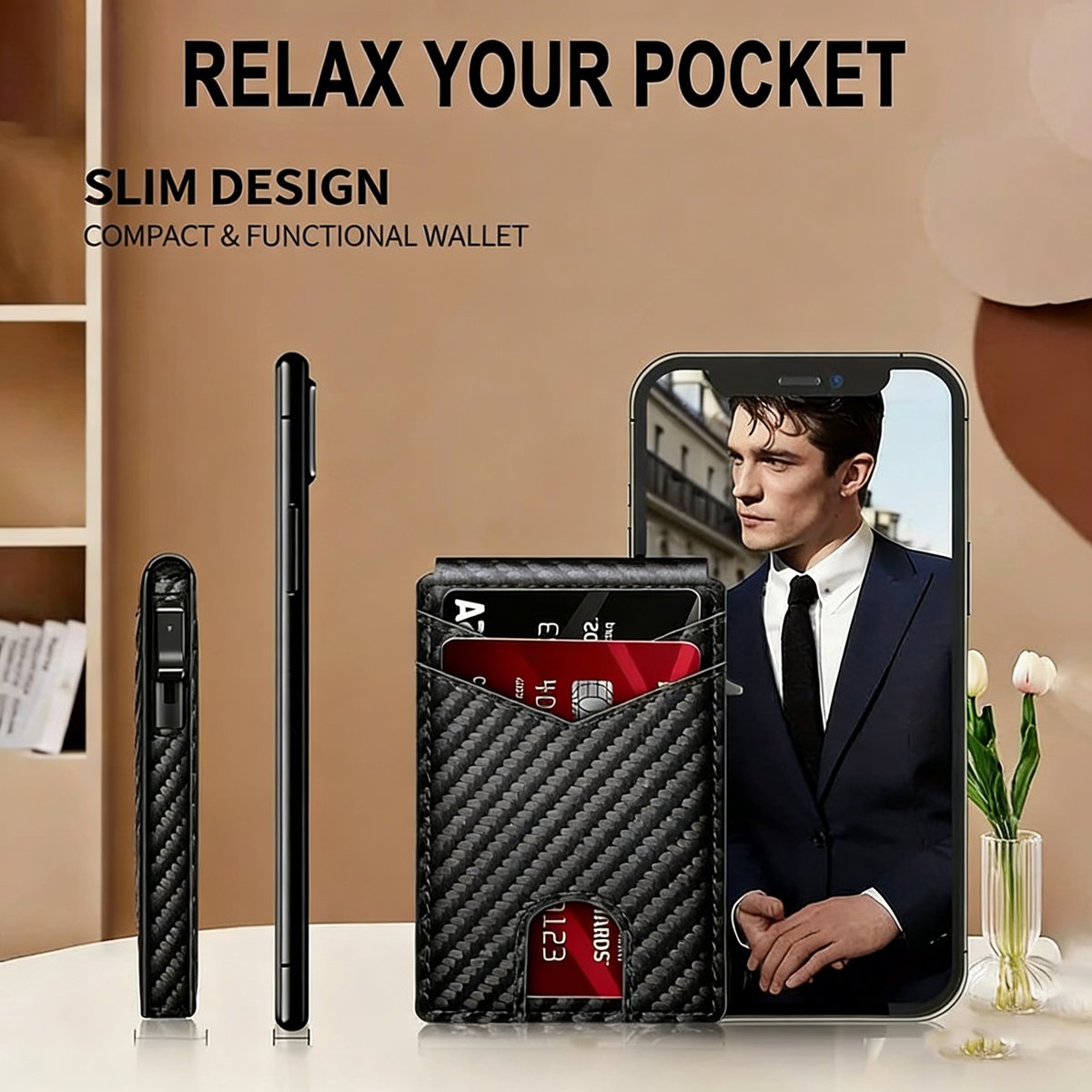 Premium Aluminum RFID Blocking Minimalist Wallet for Men - Pop-Up Card Access. Money Clip & ID Window