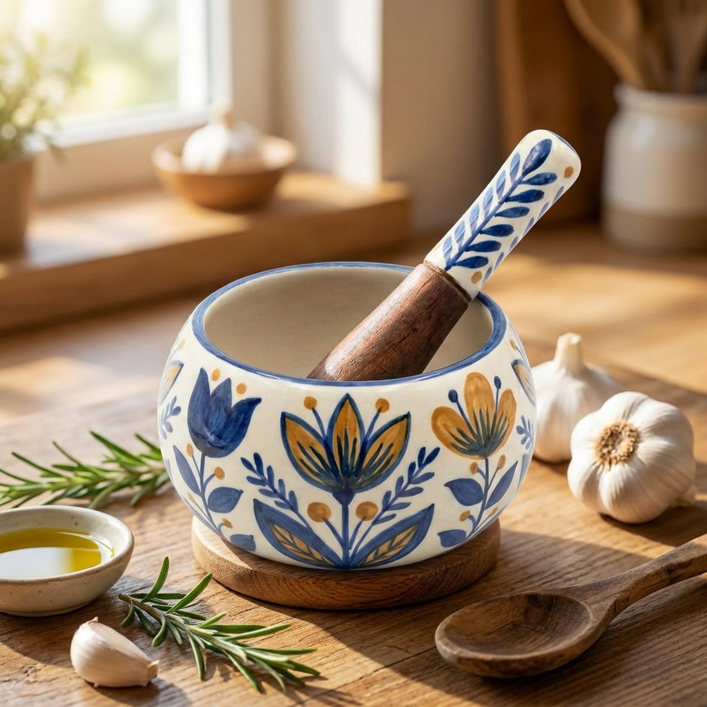 Hand-Painted Ceramic Garlic Grinder Bowl with Wooden Pestle — Blue & Yellow Floral (Ø10cm)