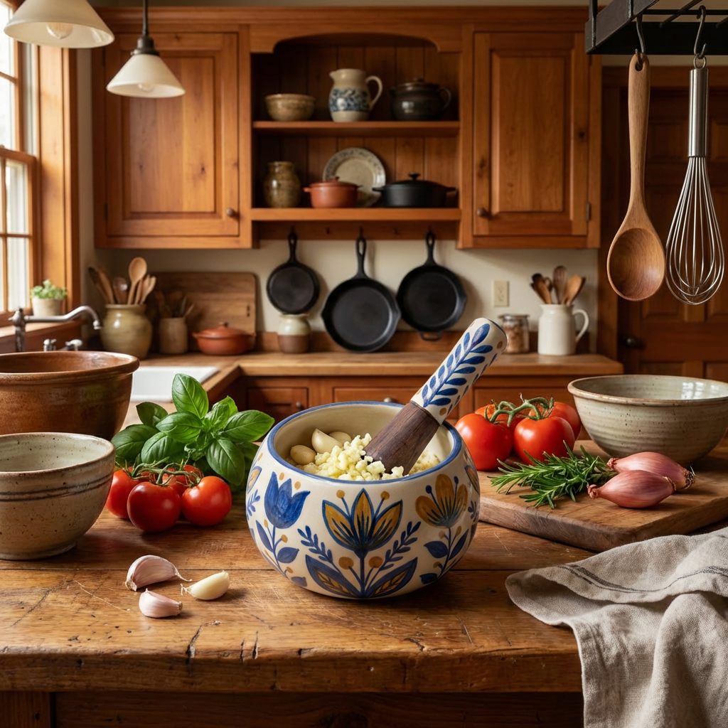 Hand-Painted Ceramic Garlic Grinder Bowl with Wooden Pestle — Blue & Yellow Floral (Ø10cm)