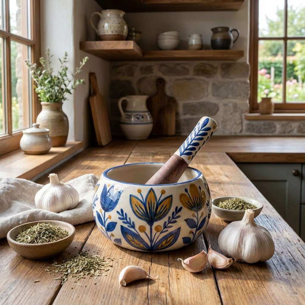 Hand-Painted Ceramic Garlic Grinder Bowl with Wooden Pestle — Blue & Yellow Floral (Ø10cm)