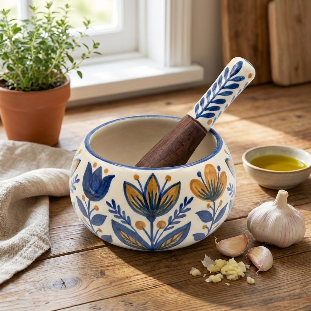 Hand-Painted Ceramic Garlic Grinder Bowl with Wooden Pestle — Blue & Yellow Floral (Ø10cm)