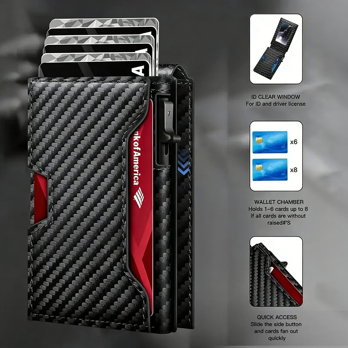 Premium Aluminum RFID Blocking Minimalist Wallet for Men - Pop-Up Card Access. Money Clip & ID Window